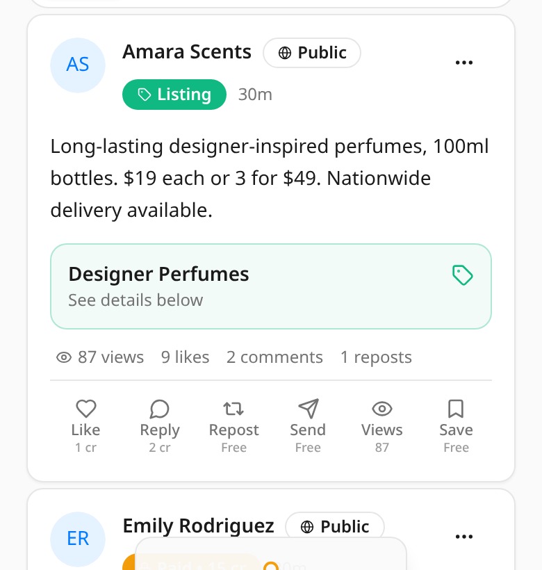 Timeline Posts screen from the MyTime mobile app